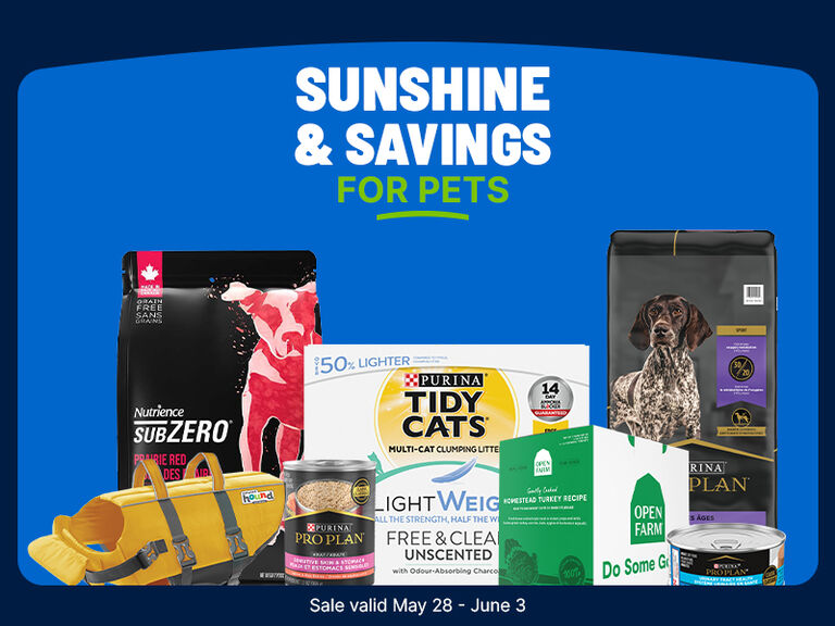 Sunshine & savings for pets promotion showing pet products (food, litter, gear) with sale dates May 28&ndash;June 3.