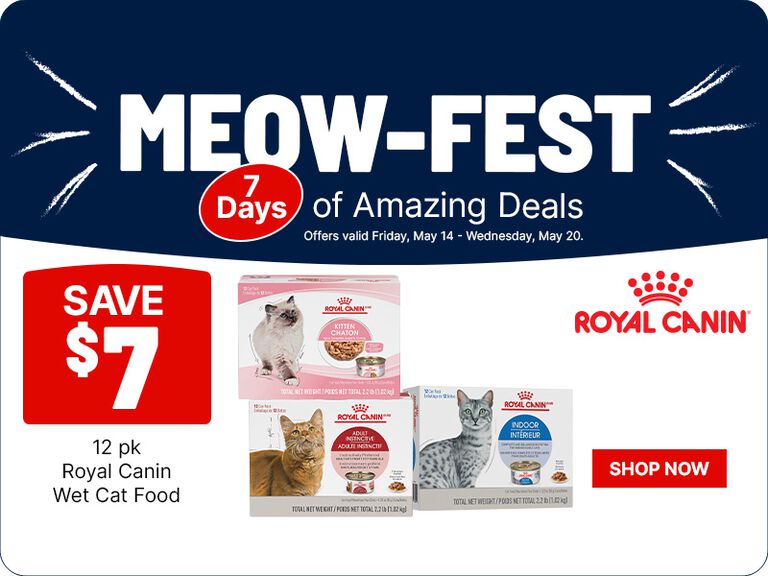 Homepage hero banner for &ldquo;MEOW-FEST&rdquo; featuring a &ldquo;7 Days of Amazing Deals&rdquo; sale, highlighting $7 off 12-pack Royal Canin wet cat food with product images and a &ldquo;Shop Now&rdquo; button.
