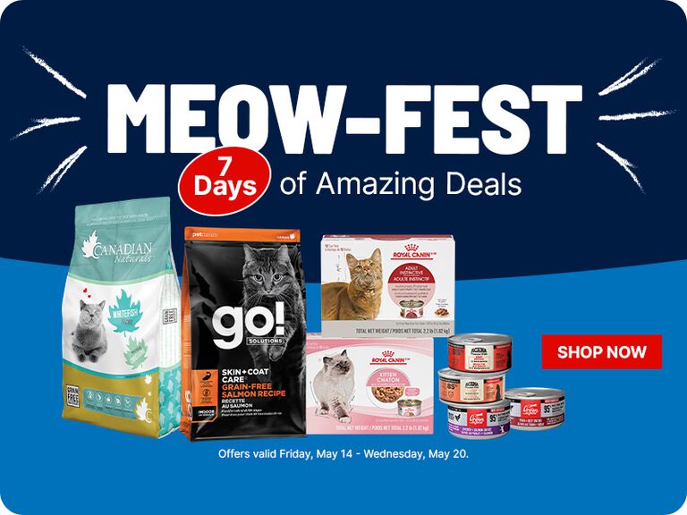 A promotional banner for a sale event titled &ldquo;MEOW-FEST&rdquo; in large white letters on a dark blue background. Beneath the title, a red circular badge reads &ldquo;7 Days&rdquo;, followed by the phrase &ldquo;of Amazing Deals.&rdquo;