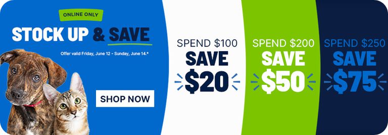 Promo banner showing a dog and cat with &ldquo;Stock Up & Save&rdquo; offer and tiered discounts: save $20 on $100, $50 on $200, and $75 on $250, with a &ldquo;Shop Now&rdquo; button.
