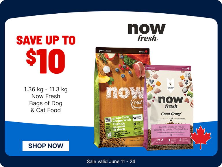 Save up to $10 on Now Fresh dog & cat food (1.36&ndash;11.3 kg). Shop now. Sale valid June 11&ndash;24.