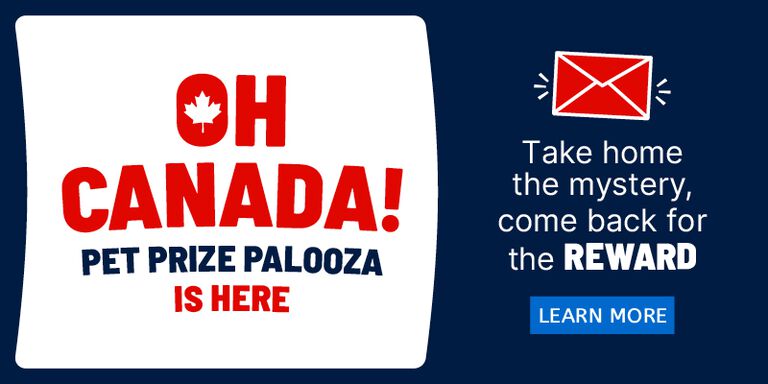 Canadian-themed promo banner for a &ldquo;Pet Prize Palooza&rdquo; featuring a mystery reward offer and a &ldquo;Learn More&rdquo; button.