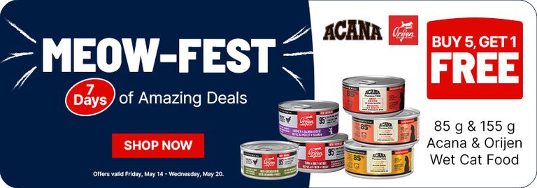 Homepage hero banner for &ldquo;MEOW-FEST&rdquo; featuring a &ldquo;Buy 5, Get 1 Free&rdquo; offer on Acana and Orijen wet cat food, with product images and a &ldquo;Shop Now&rdquo; button.