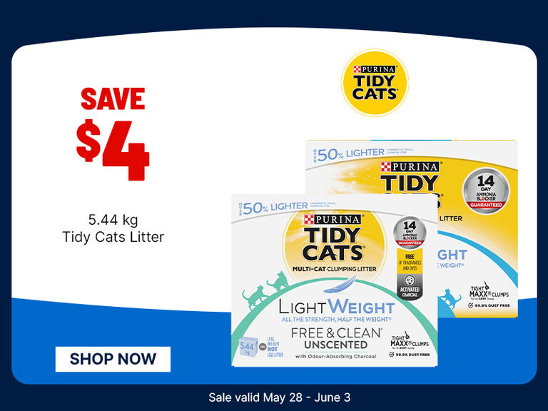 Save $4 on 5.44 kg Tidy Cats litter, with product boxes shown and sale dates May 28&ndash;June 3.