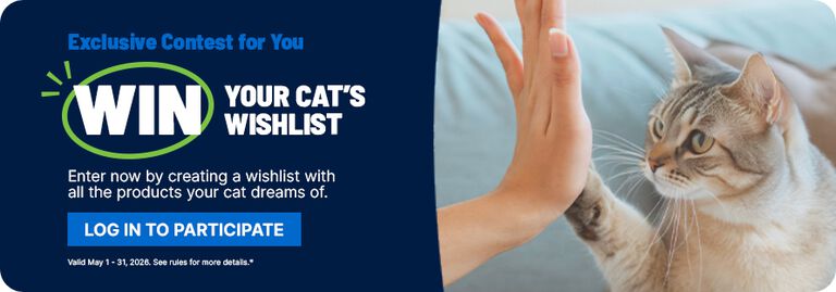 Cat high-fiving a hand beside promotion to win your cat&rsquo;s wishlist by creating a wishlist and logging in to participate.