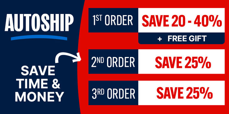Autoship - Save Time & Money. First order, save 20 tp 40% off plus a free gift. Second order, save 25%. Third order, save 25%.