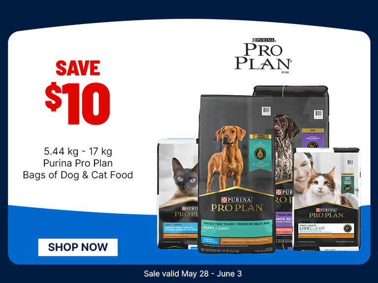 Ad for Purina Pro Plan pet food with &ldquo;Save $10,&rdquo; showing dog and cat food bags, a &ldquo;Shop Now&rdquo; button, and sale dates May 28&ndash;June 3.