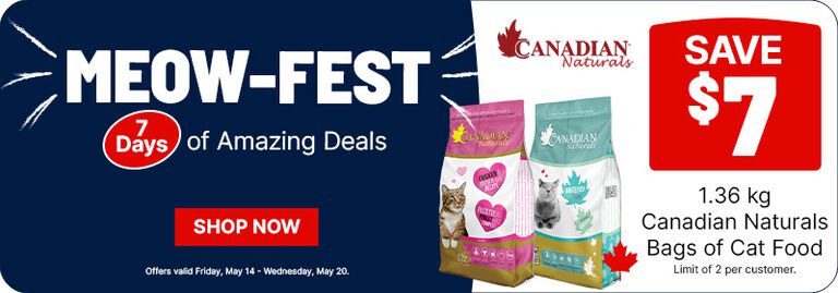 Homepage hero banner for &ldquo;MEOW-FEST&rdquo; featuring $7 off Canadian Naturals cat food bags, with product images and a &ldquo;Shop Now&rdquo; button.