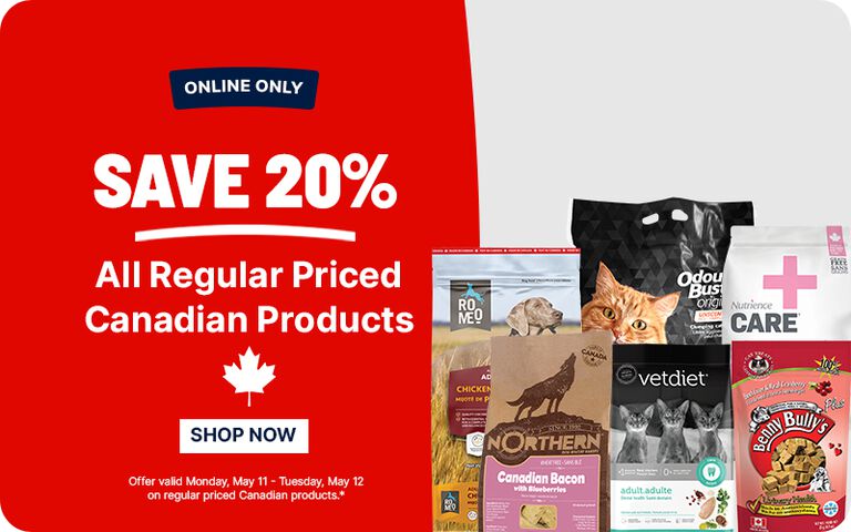 Online-only promotion banner offering 20% off all regular priced Canadian products, featuring a maple leaf icon, a "Shop Now" button, and various pet food brands like Romeo and Vetdiet. Fine print notes the offer is valid May 11&ndash;12.