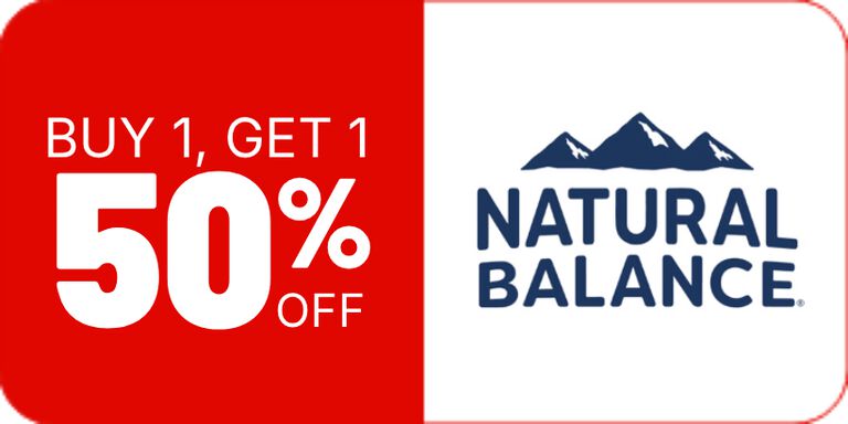 Promotional graphic for Natural Balance featuring a &ldquo;Buy 1, Get 1 50% Off&rdquo; offer.