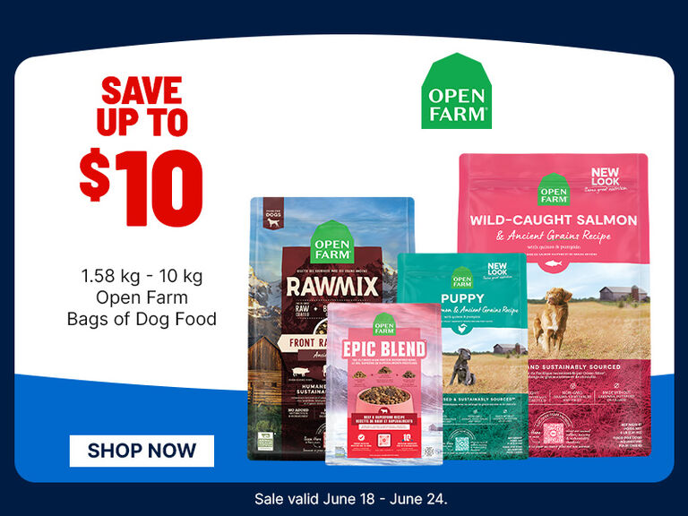 Promo banner showing &ldquo;Save up to $10&rdquo; on Open Farm dog food bags, with product images, a &ldquo;Shop Now&rdquo; button, and sale dates June 18&ndash;24.