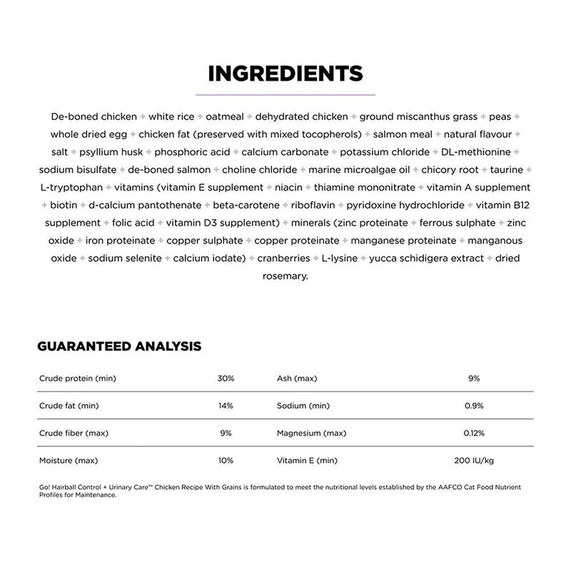 GO! SOLUTIONS,  Feline Adult - Hairball Control & Urinary Care - Chicken with Grains - Dry Cat Food image number null