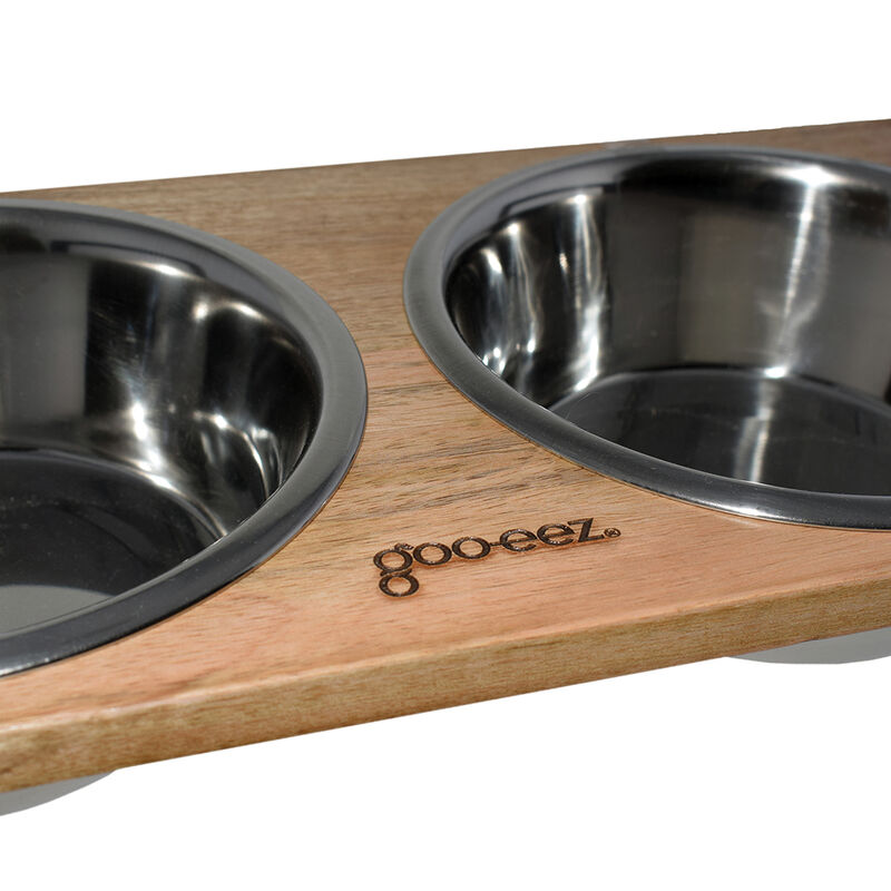 Mango Wood Double Feeder with Stainless Steel Bowls image number null