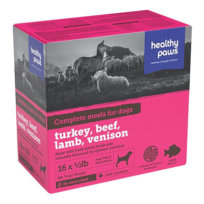 Healthy Paws, Canine Complete Variety Pack - Turkey, Lamb, Beef, Venison - 16 x 1/2 lb