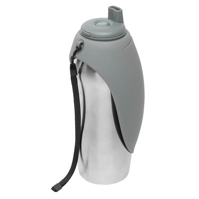 Messy Mutts, Stainless Travel Water Bottle with Flip Up Bowl 700ml - Grey