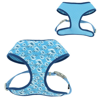 Reversible Dog Harness, Blue Waves with Blue Checkers, SML - 3/4" x 19" - 23"