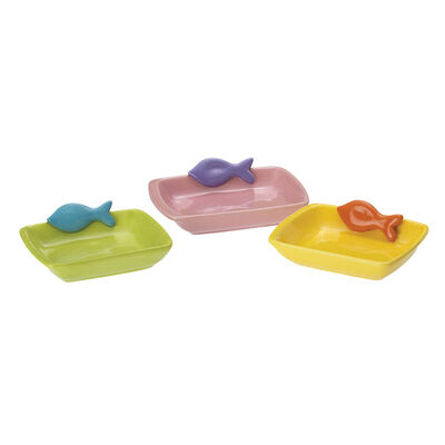 PetRageous, Teeny Tiny Fish Rectangular Saucers - Green, Pink, Yellow - 2.5 oz