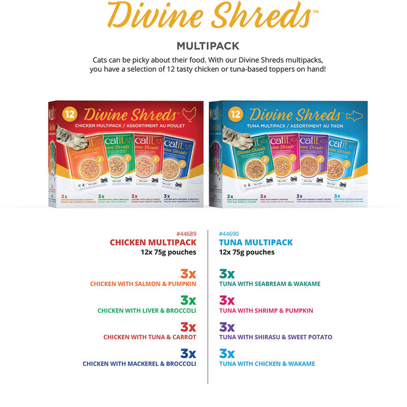 Catit, Pouch, Adult Feline - Divine Shreds - Chicken Multipack  - 75 g - 12 pk image number null