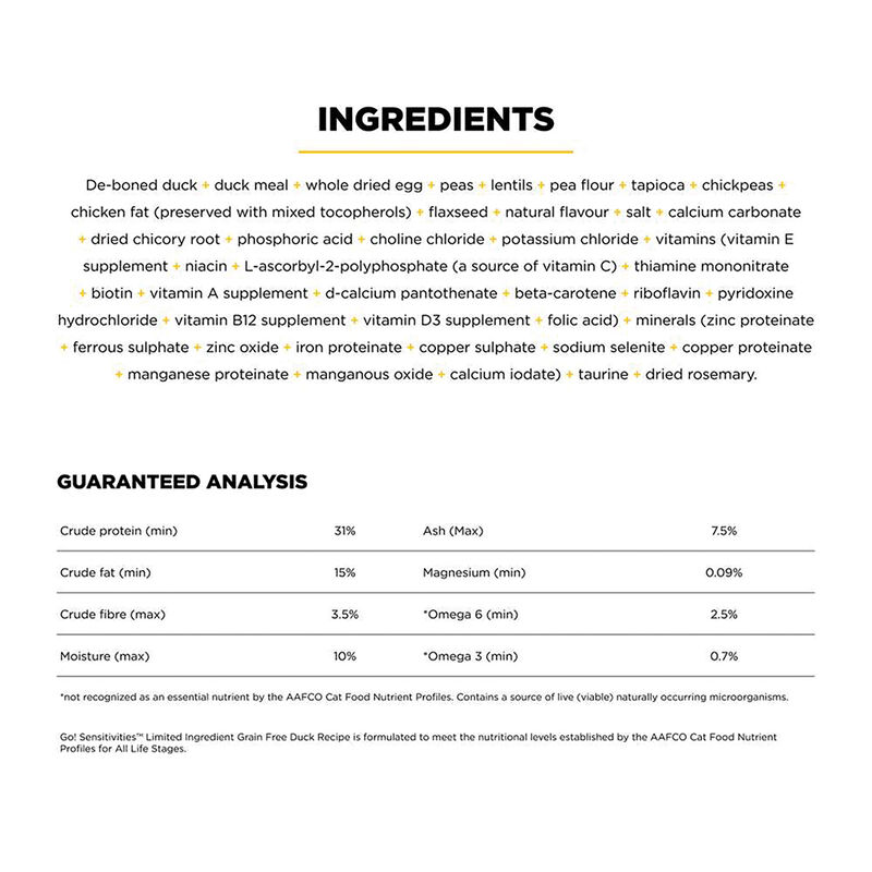 GO! SOLUTIONS, SENSITIVITIES Limited Ingredient Grain Free Duck Recipe for cats - Dry Cat Food image number null