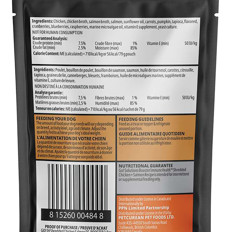 GO! SOLUTIONS,  BOOSTER Immune Health Shredded Chicken + Salmon in broth - 78 g - Wet Dog Food image number null
