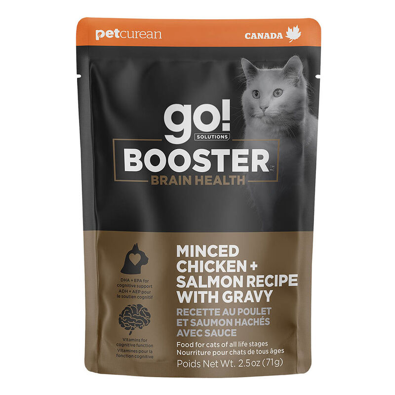 GO! SOLUTIONS,  BOOSTER Brain Health Minced Chicken + Salmon with gravy - 71 g - Wet Cat Food image number null