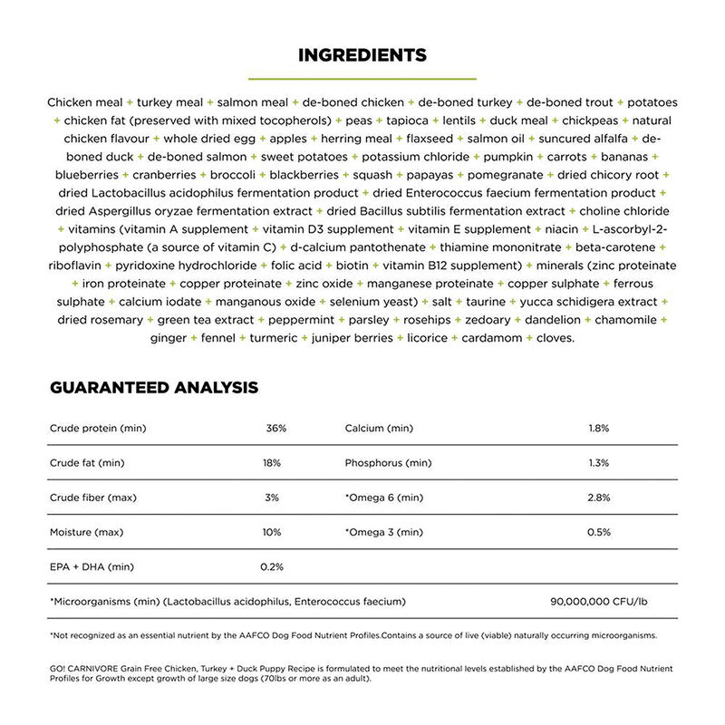 GO! SOLUTIONS, CARNIVORE Grain Free Chicken, Turkey + Duck Puppy recipe for dogs - Dry Dog Food image number null
