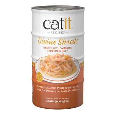 Catit, Divine Shreds in Jelly - Chicken with Salmon & Pumpkin - Wet Cat Food - 85g x 4pk