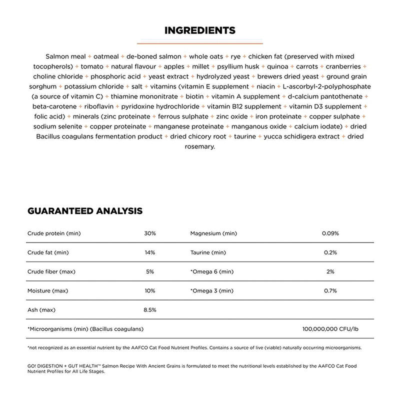 GO! SOLUTIONS, Feline Adult - Digestion & Gut Health - Salmon w/ Ancient Grains - Dry Cat Food image number null