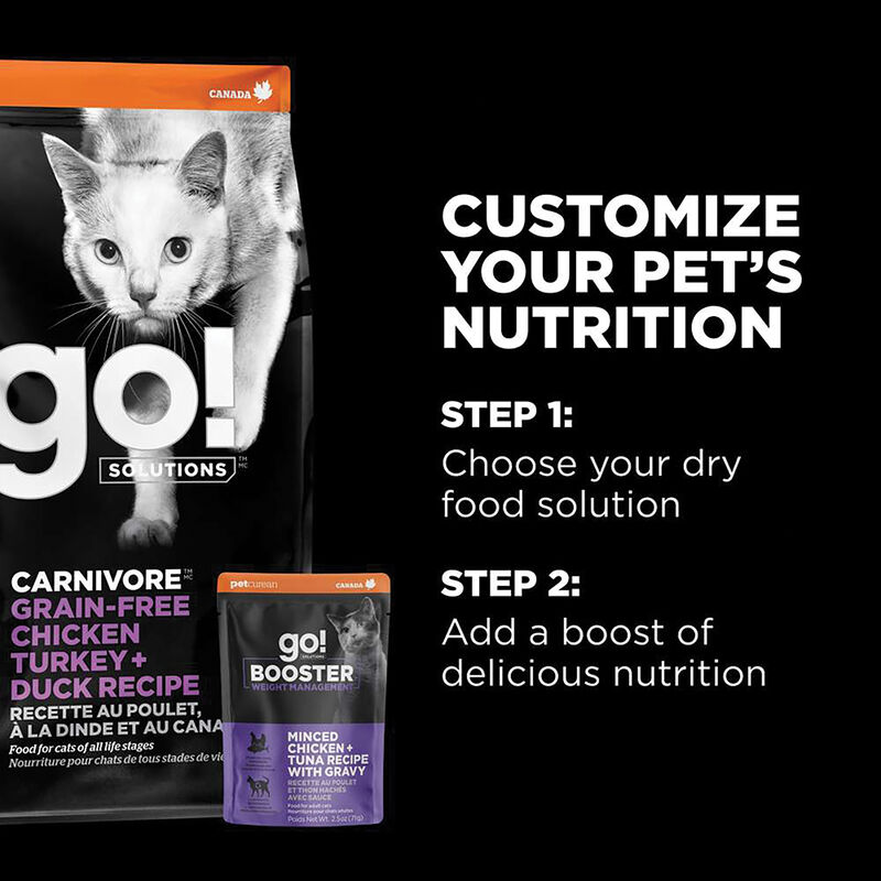 GO! SOLUTIONS,  BOOSTER Weight Management Minced Chicken + Tuna with gravy - 71 g - Wet Cat Food image number null