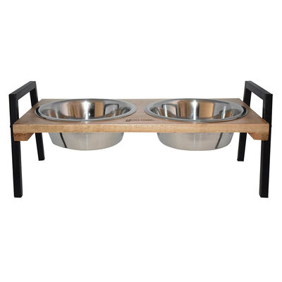 Mango Wood Double Feeder with Stainless Steel Bowls