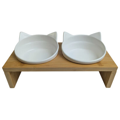 Brigade, Double Cat Ceramic Bowl on Wooden Base