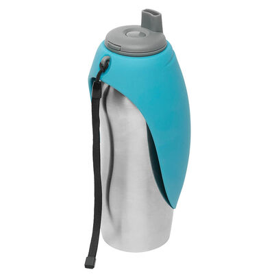 Messy Mutts, Stainless Travel Water Bottle with Flip Up Bowl  700ml - Blue