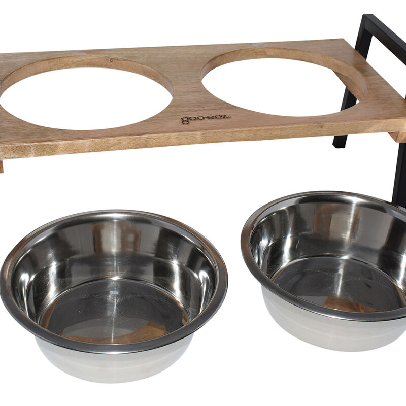 Mango Wood Double Feeder with Stainless Steel Bowls image number null