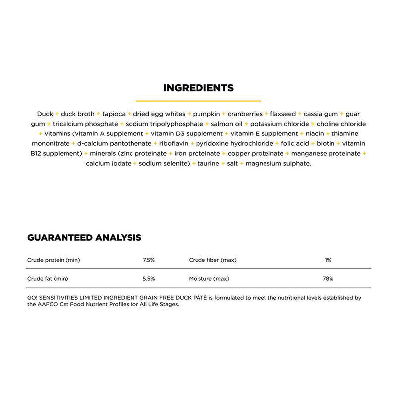 GO! SOLUTIONS, SENSITIVITIES Limited Ingredient Grain Free Duck PÃ¢tÃ© for cats - Wet Cat Food image number null