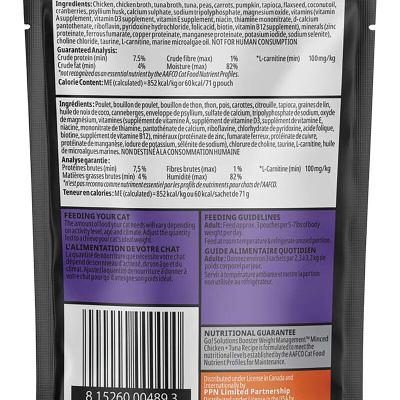 GO! SOLUTIONS,  BOOSTER Weight Management Minced Chicken + Tuna with gravy - 71 g - Wet Cat Food image number null