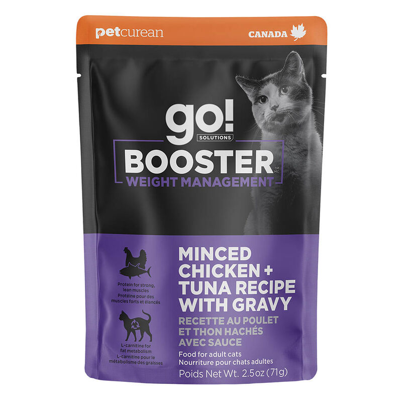 GO! SOLUTIONS,  BOOSTER Weight Management Minced Chicken + Tuna with gravy - 71 g - Wet Cat Food image number null