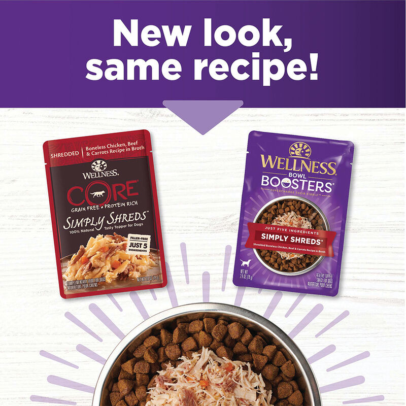 Wellness, Bowl Boosters Simply Shreds GF Shredded Boneless Chicken, Beef & Carrots - 79 g - Wet Dog image number null