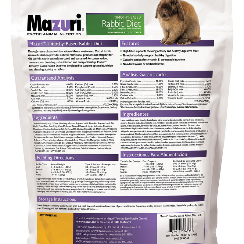 Mazuri, Rabbit Diet w/ Timothy Hay - 5 lb image number null