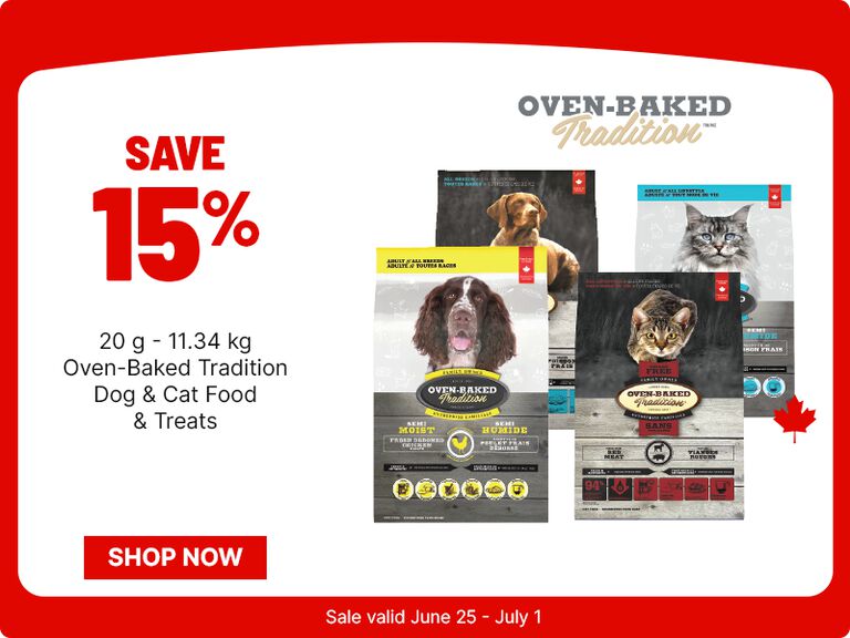 Save 15% on Oven-Baked Tradition dog and cat food and treats (20 g&ndash;11.34 kg), with &ldquo;Shop Now&rdquo; button and sale dates June 25&ndash;July 1.