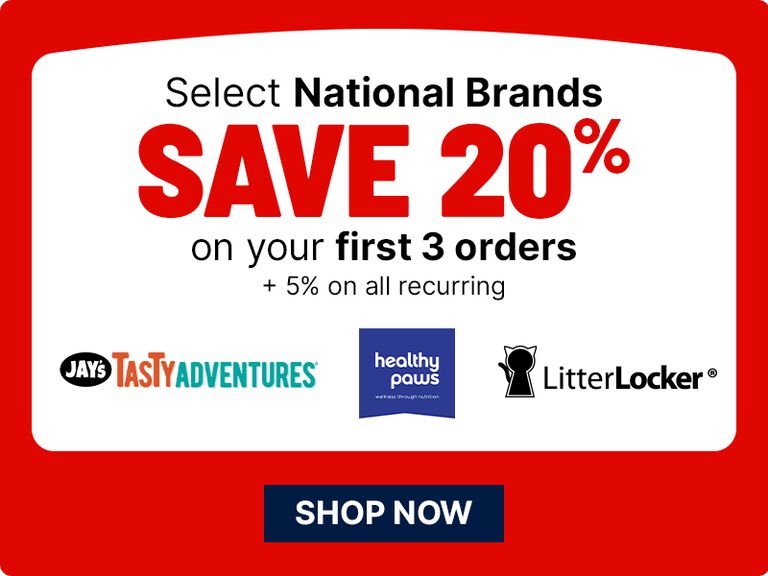 Banner offering &ldquo;Save 20% on first 3 orders&rdquo; for select national brands, with logos and a &ldquo;Shop Now&rdquo; button.