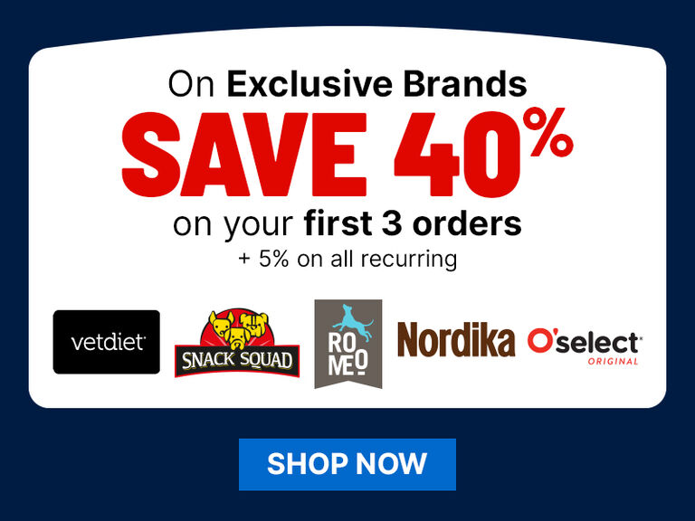 Banner offering &ldquo;Save 40% on first 3 orders&rdquo; for exclusive brands, with logos and a &ldquo;Shop Now&rdquo; button.