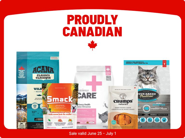 Proudly Canadian message with maple leaf and various pet food brands, including Smack, on sale June 25&ndash;July 1.