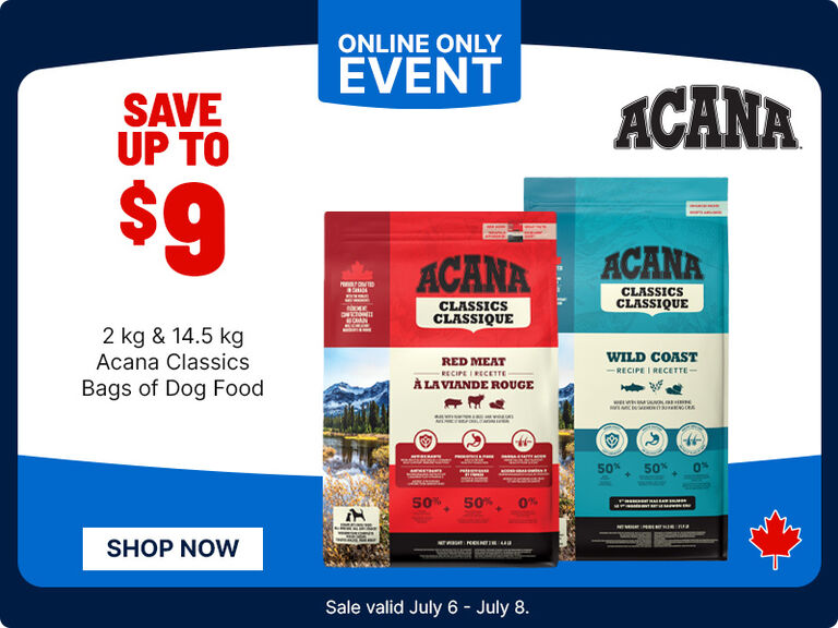 Save up to $9 on ACANA Classics dog food bags during an online-only event, July 6&ndash;8. Shop Red Meat and Wild Coast recipes.