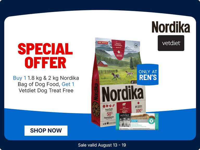 Free Vetdiet dog treat with purchase of select Nordika dog food bags. Sale valid August 13 to 19.