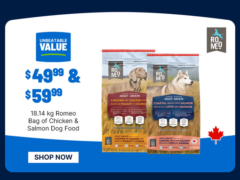 Promotional graphic advertising 18.14 kg Romeo dog food for $49.99 and $59.99, featuring bags of Chicken & Squash Stew and Coastal Delight with Salmon recipes. The graphic includes an &ldquo;Unbeatable Value&rdquo; badge, Romeo logo, Canadian maple leaf icon, and a &ldquo;Shop Now&rdquo; button on a blue and white background.