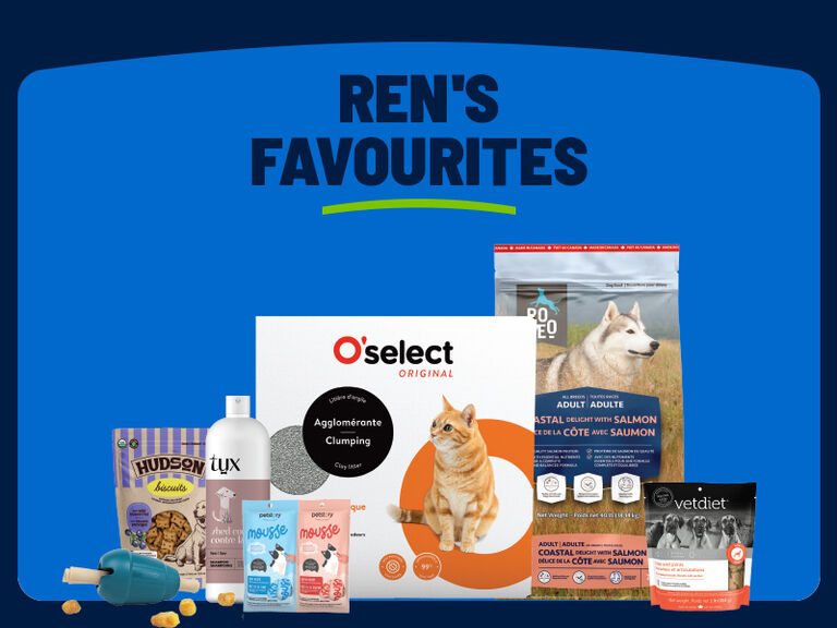 Ren&rsquo;s Favourites promotional graphic featuring a selection of pet products, including O&rsquo;select clumping cat litter, dog food, dog treats, cat food pouches, pet shampoo, and Vetdiet pet food, displayed on a blue background with the heading &ldquo;REN&rsquo;S FAVOURITES.&rdquo;