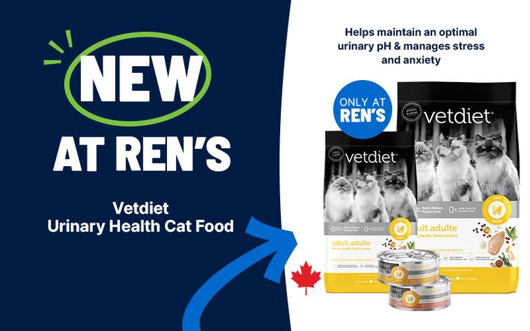&ldquo;NEW AT REN&rsquo;S&rdquo; banner promoting Vetdiet urinary health cat food, with product bags and cans and a note about supporting urinary pH and reducing stress.
