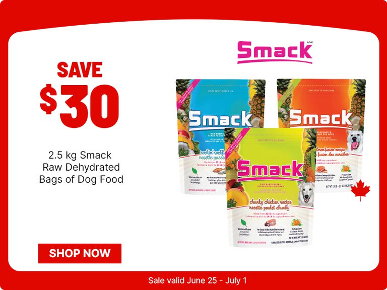 Save $30 on Smack 2.5 kg raw dehydrated dog food bags, with &ldquo;Shop Now&rdquo; button and sale dates June 25&ndash;July 1.