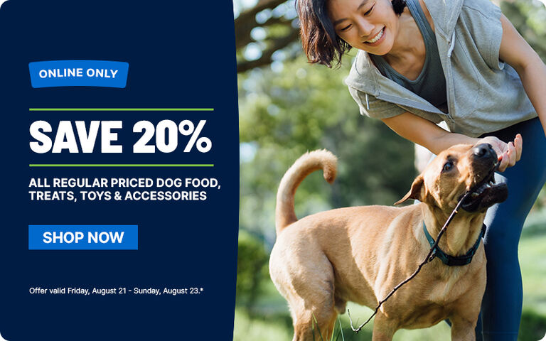 Online Only: Save 20% on all regular priced dog food, treats, toys & accessories. Shop Now. Offer valid Friday, August 21 to Sunday, August 23. Image of a dog on a leash outdoors with a person in a park setting.