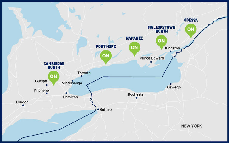 Map showing select ONroute locations in Ontario where Ren's Pets products are available. Markers identify Cambridge North, Port Hope, Napanee, Mallorytown North, and Odessa along the Highway 401 corridor. Nearby cities including Kitchener, Guelph, Toronto, Hamilton, Kingston, London, Buffalo, Rochester, and Oswego are shown for reference.